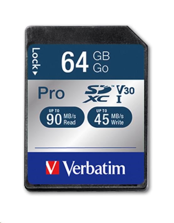 Levně VERBATIM SDXC karta 64GB Pro, U3, V30 (R:90/W:45 MB/s)