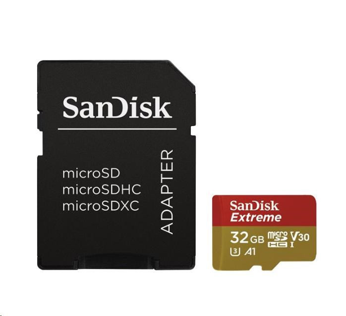 Levně SanDisk MicroSDHC karta 32GB Extreme (100MB/s, Class 10 UHS-I V30, pro akční kamery) + adaptér