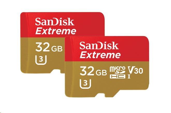 SanDisk MicroSDHC karta 32GB Extreme (100MB/s, A1 C10 V30 UHS-I U3, pro akční kamery) + adaptér, Twin Pack