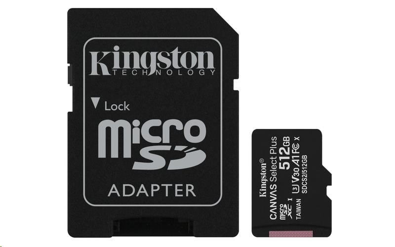 Levně Kingston MicroSDXC karta 512GB Canvas Select Plus 100R A1 C10 Card + SD adaptér