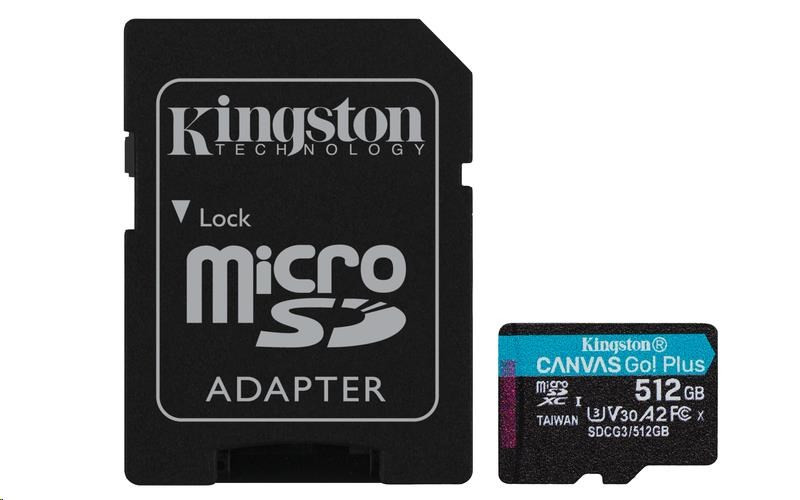 Kingston MicroSDXC karta 512GB Canvas Go! Plus, R:170/W:90MB/s, Class 10, UHS-I, U3, V30, A2 + Adaptér