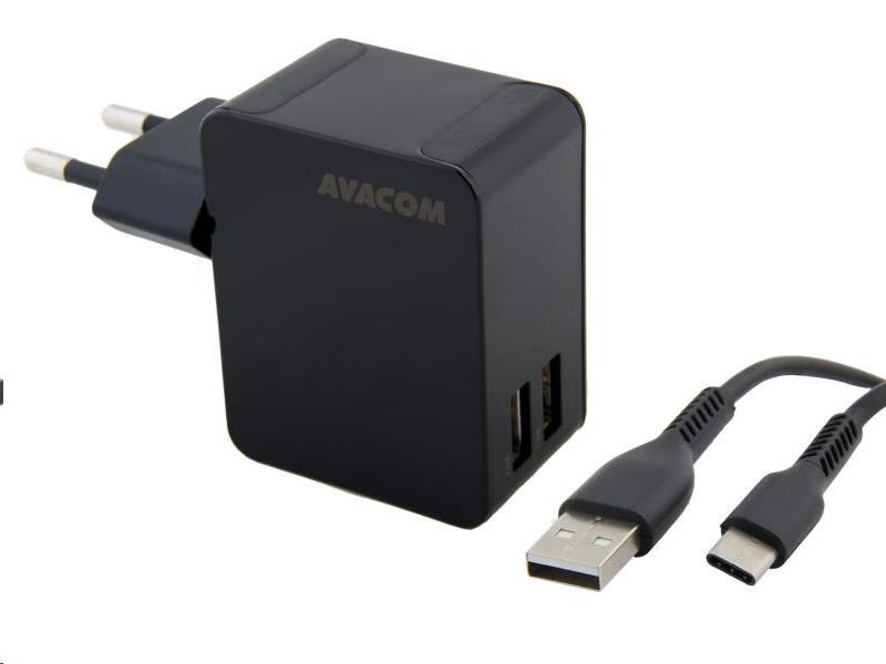 AVACOM HomeNOW síťová nabíječka 3, 4A se dvěma výstupy, černá barva (USB-C kabel)