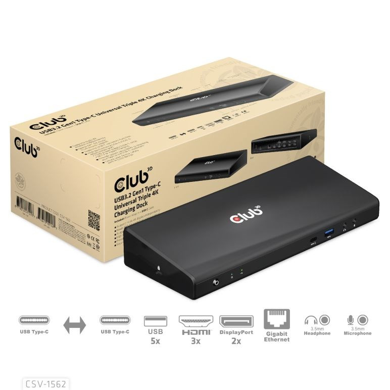 Levně Club3D Dokovací stanice USB 3.2 typ C (5xUSB/USB-C/3xHDMI/2xDP/Ethernet/Audio) s Universal Triple 4K napájecím adaptérem