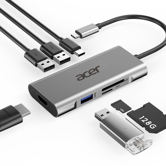 Levně ACER 7v1 Type C dongle: 3 x USB3.0, 1 x HDMI, 1 x type-c pd, 1 x sd card reader, 1 x tf card reader