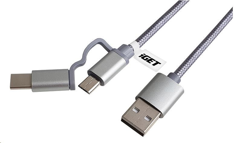 Levně iGET G2V1 USB kabel 2v1, 1m, stříbrný, microUSB i USB-C, prodloužené koncovky