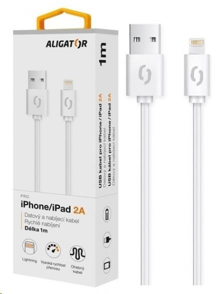 Levně Aligator datový a nabíjecí kabel, konektor Lightning, 2A, 1m, bílá
