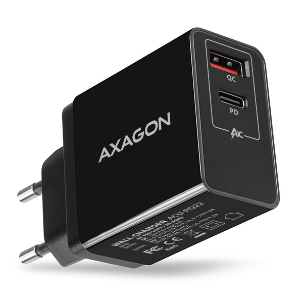 Levně AXAGON ACU-PQ22, PD & QC nabíječka do sítě 22W, 2x port (USB-A + USB-C), PD3.0/QC3.0/AFC/FCP/Apple, černá