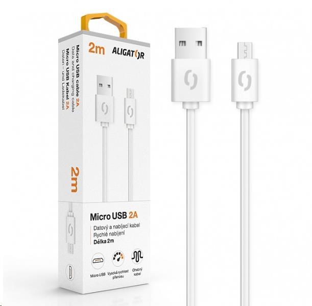 Aligator datový a nabíjecí kabel, konektor micro USB, 2A, 2m, bílá