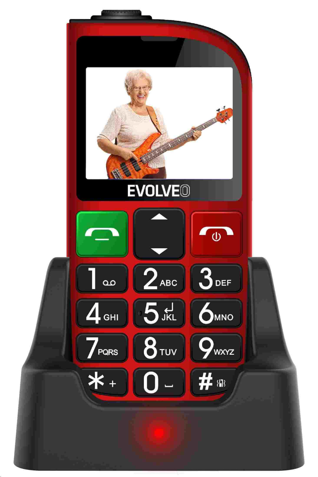 Levně EVOLVEO EasyPhone FM, mobilní telefon pro seniory s nabíjecím stojánkem (červená barva)