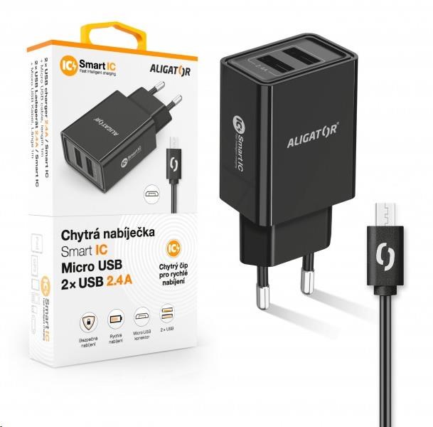 Aligator síťová nabíječka, 2x USB, kabel micro USB 2A, smart IC, 2, 4 A, černá
