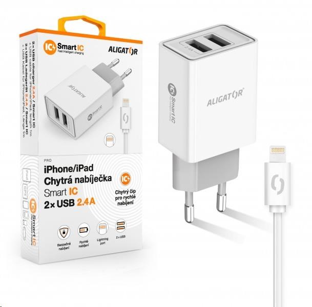 Levně Aligator síťová nabíječka, 2x USB, kabel Lightning 2A, smart IC, 2, 4 A, bílá