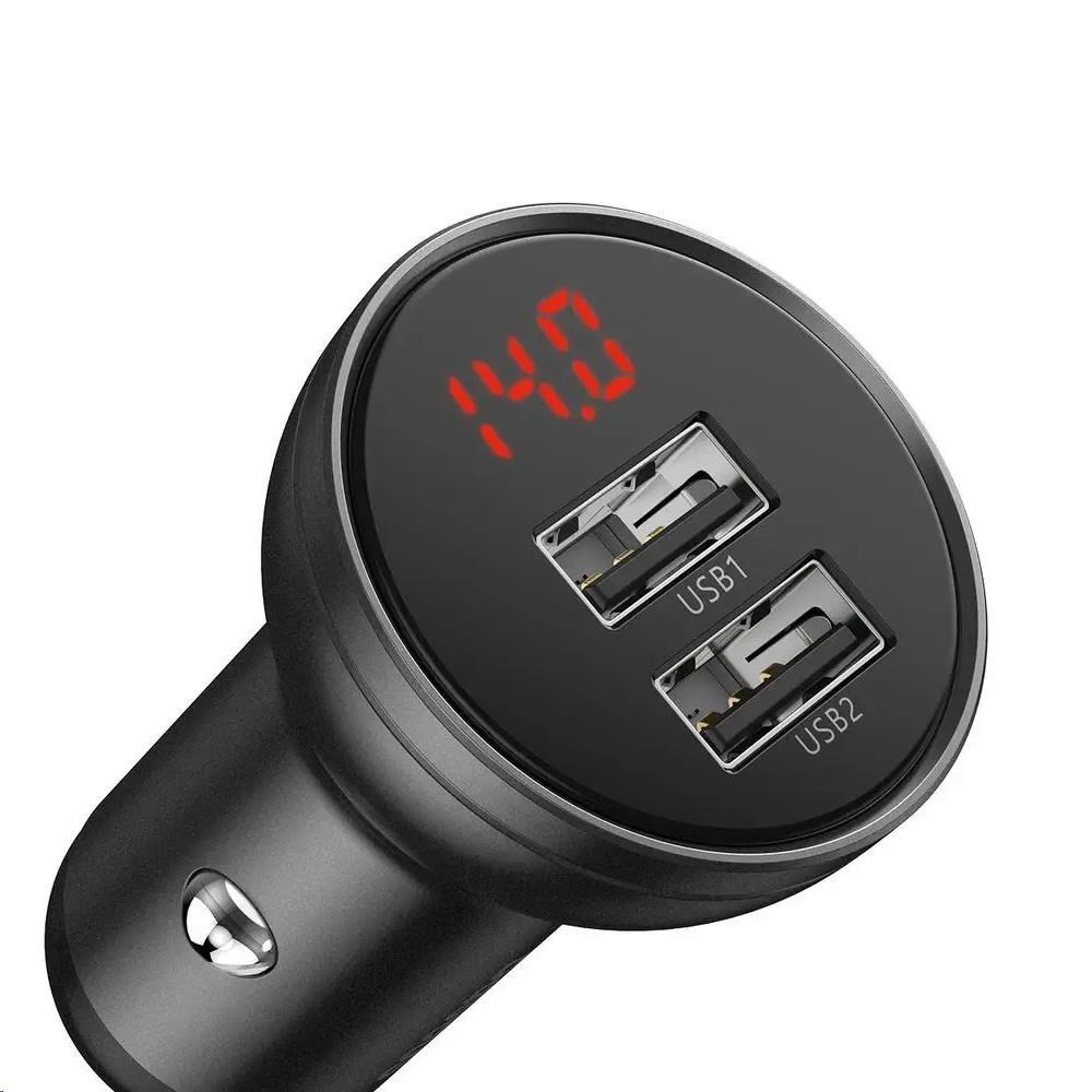 Levně Baseus duální USB adaptér do automobilu s displejem 4, 8A 24W, šedá