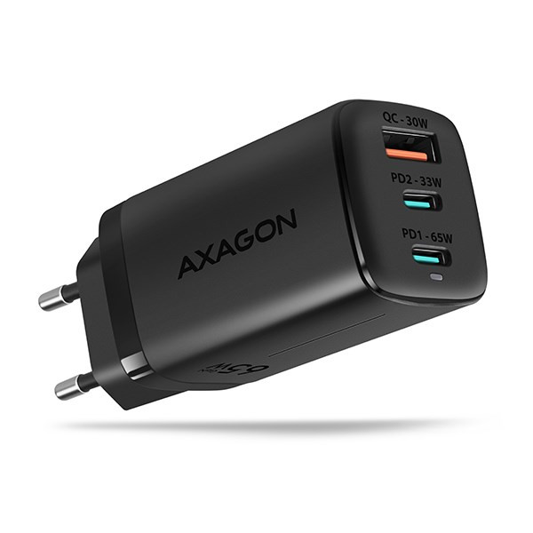 Levně AXAGON ACU-DPQ65, GaN nabíječka do sítě 65W, 3x port (USB-A + dual USB-C), PD3.0/QC4+/PPS/Apple, černá